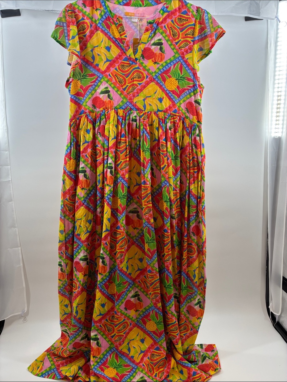 Brixton Girls' Tropical Fruit Maxi Dress in Pink, Yellow & Green